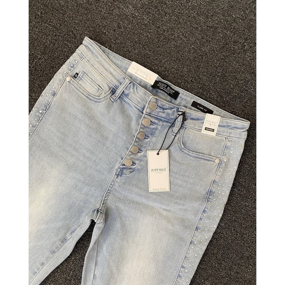 Judy Blue Mid Rise‎ Flare Studded Blue Jeans Womens Size 13x31 Button Fly NEW